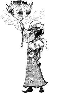 Wizard casting fireball spell with familiar on his shoulder. OSR RPG illustration