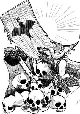 A rat man climbing over a pile of skulls. At the top of the pile is a banner hammered in. OSR RPG illustration.