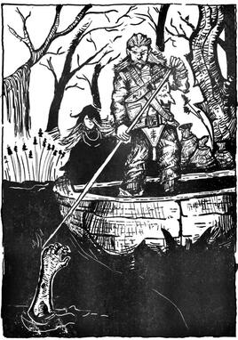 A raftsman ferrying a mysterious woman across the marshes. OSR RPG illustration.