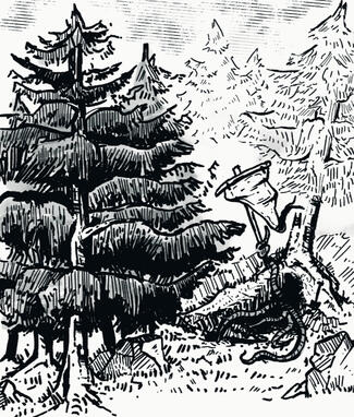 landscape. A hillock in the middle of the forest. Under the hill is a den from which tentacles emerge. OSR RPG illustration.