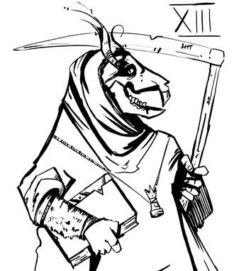 Death depicted as a mouse. holding scythe and tome. OSR illustration.