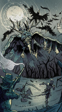 Two soldiers fend off an attack by a huge demonic raven on an old battlefield.