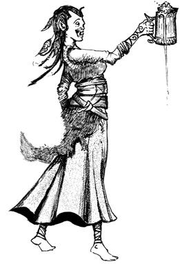 Orc female rasing a toast. OSR RPG illustration.