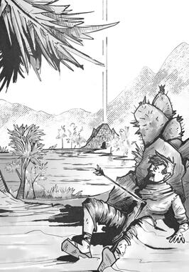 Adventurer shot with an arrow. In the background, the eruption of a magic ritual from a pyramid. OSR RPG illustration.