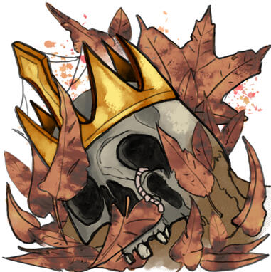 A skull with a crown surrounded by autumn leaves.