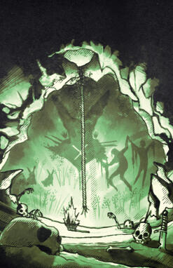 A cave strewn with bones with a primitive drawing of a ritual and an image of a rabbit.