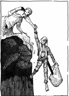 The adventurer saves his companion from falling into the abyss. OSR RPG illustration.