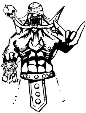 A muscular demon making a devil horns gesture.