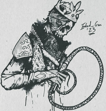 Lich king with a whip. OSR RPG illustration.