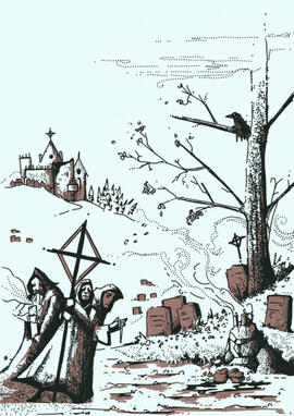 Pilgrimage thru cursed lands. OSR RPG illustration.