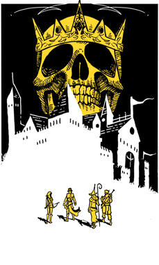 landscape. 4 heroes reaching the castle. Crowned skull int the background. OSR RPG illustration. Crowns 2e cover.